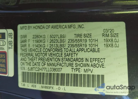 2020 Acura Rdx Advance Package z USA, uszkodzony, nr VIN 5J8TC2H77LL038007